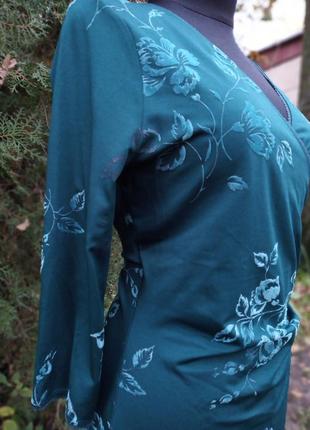 Платье с цветами имитация запаха изумрудное с напылением бархата цветы завитушки винтаж3 фото