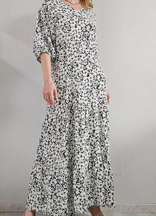 Ярусное белое платье макси в чёрный цветочный принт оверсайс f&amp;f (размер 12-14)1 фото