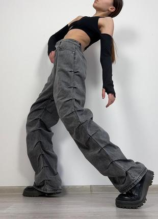 Черные серые графитовые baggy джинсы со сборками по бокам1 фото