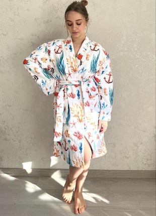 Жіночий махровий халат каріби м'який стильний гарний зручний домашній халатик середньої довжини для сну та відпочинку