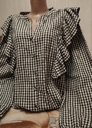 Блуза на пуговицах f&f объемные рукава воланы принт клетка3 фото