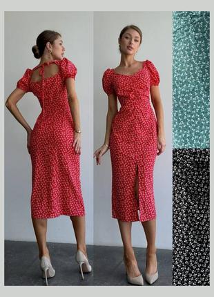 Платье миди в цветочек по фигуре корсетное приталенное платье футляр с рукавами фонариками с декольте сердце с открытой спиной красное чёрное оливка1 фото