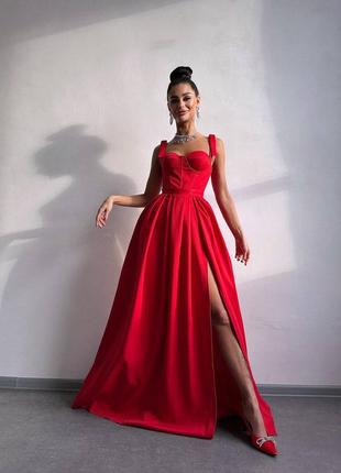 Красное вечернее платье макси на выпускной xs s m l праздничное длинное платье с корсетом и разрезом на ножке xs s m l 42 44 46 482 фото