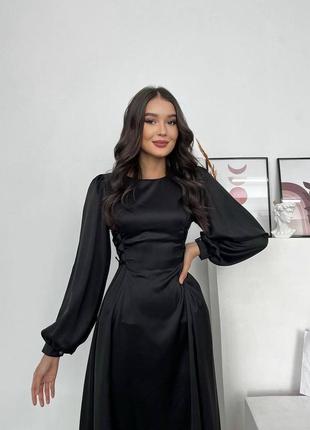Премиальное шелковое черное платье миди с завязками на талии 42 44 46 48 xs s m l1 фото
