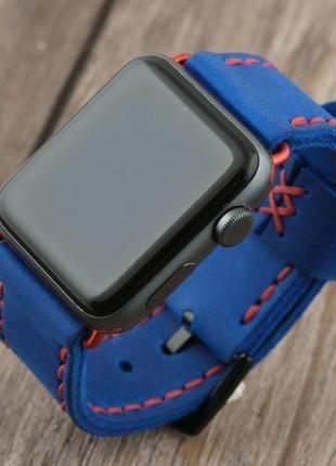 Кожаный ремешок для apple watch 38/40mm и 42/44mm мм кожаный ручной работы ярко синий