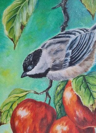 Картина маслом птичка и яблоки3 фото