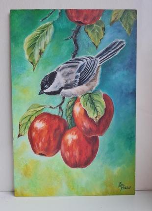 Картина маслом птичка и яблоки2 фото