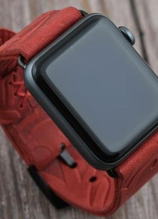 Кожаный ремешок для apple watch 7, 6,se и других моделей 45/41mm 42/44 мм и 38/40 красный из натурал8 фото