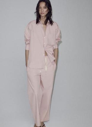 Zara бавовняний костюм, сорочка та штани зі шнурками, рубашка і брюки в піжамному стилі1 фото