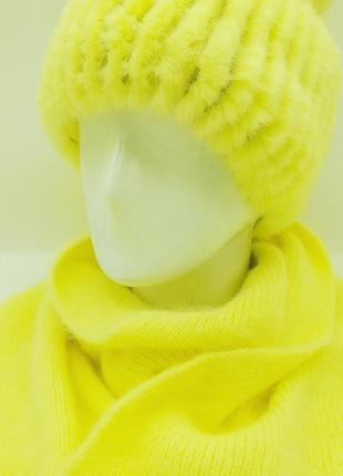 Комплект шарф і шапка хутро норка (лимонний)1 фото