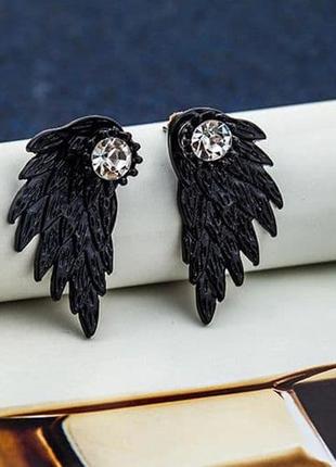 Надзвичайні сережки джекеты крила ангела з кристалом чорні, сережки1 фото