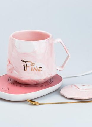 Чашка керамическая с крышкой 400 мл с подставкой для подогрева розовая3 фото