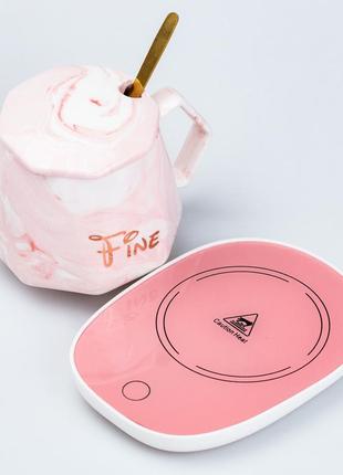 Чашка керамическая с крышкой 400 мл с подставкой для подогрева розовая2 фото