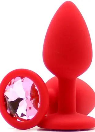 Красная силиконовая анальная пробка с розовым кристаллом, s