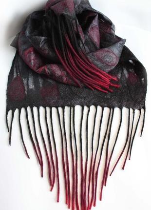Шовково-вовняний шарф багряні пір′їни6 фото