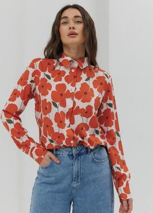 Женская легкая рубашка с длинным рукавом и цветами5 фото