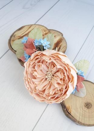Шпилька для волосся з квітами, персикова троянда і гортензія1 фото