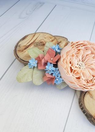 Шпилька для волосся з квітами, персикова троянда і гортензія2 фото