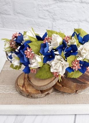 Вінок на голову з квітами, весільний вінок з синіми і білими квітами