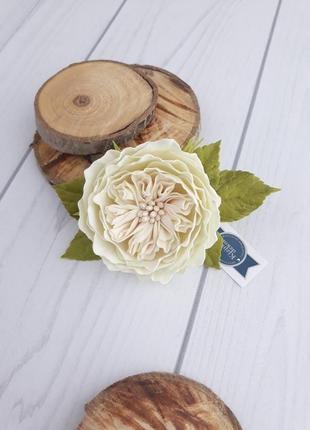 Шпилька зажим для волосся молочна піоновидна троянда, прикраси для зачіски молочна троянда6 фото