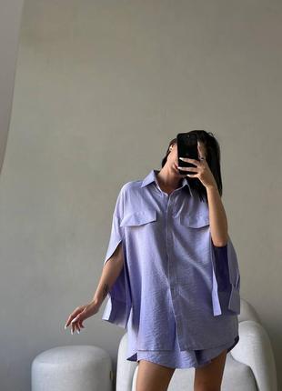 Женский льняной костюм оверсайз (рубашка + шорты)6 фото
