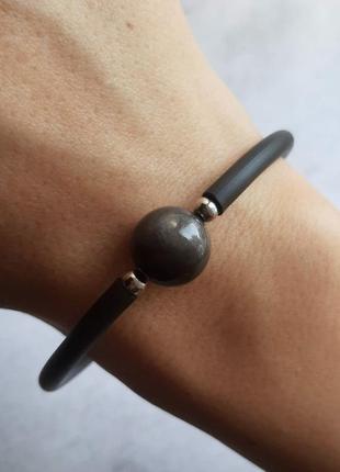 Стильний чорний браслет з натуральним обсидіаном. браслет з натуральним камінням.1 фото
