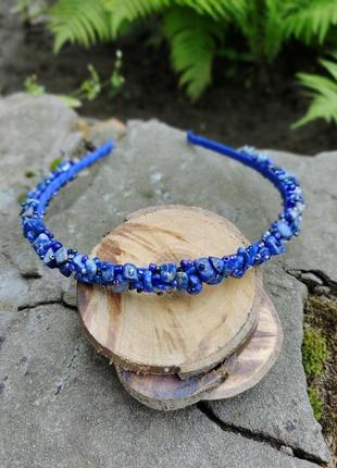 Обруч с камнями синий, ободок с натуральными камнями лазурит, подарок девушке2 фото
