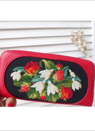 Гаманець  жіночий, натуральна шкіра, вишитий гаманець, гаманець з вишивкою1 фото