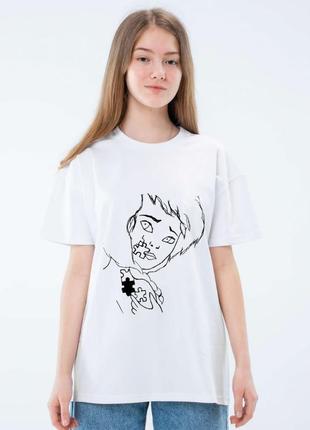 Женская белая футболка унисекс с оригинальным принтом рисунком2 фото