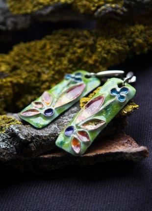 Сережки з переборчатими емалями "хризантеми"3 фото