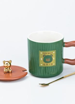 Чашка з кришкою та ложкою 300 мл керамічна "ведмедик" зелена2 фото