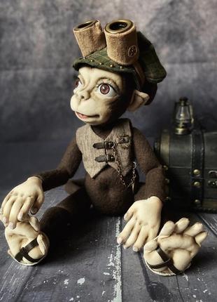 Текстильная шарнирная кукла обезьянка стимпанк1 фото