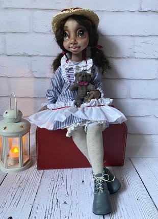 Текстильная шарнирная кукла девочка с мишкой7 фото