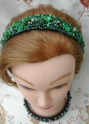 Смарагдово-зелений обруч для волосся3 фото