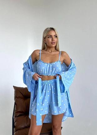 Женский стильный домашний костюм тройка в пижамном стиле для сна и отдыха пижама в голубом цвете ткань софт