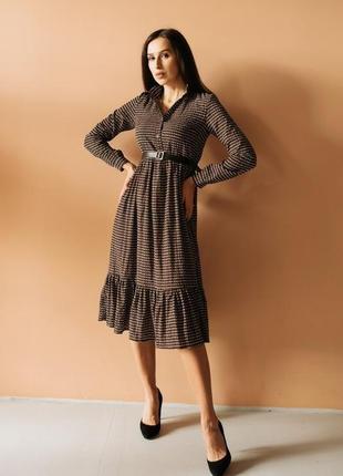 Шифоновое платье миди хаки с коричневым1 фото