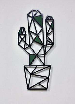 Декоративна дерев'яна картина абстрактна модульна полігональна панно  кактус з вставками1 фото
