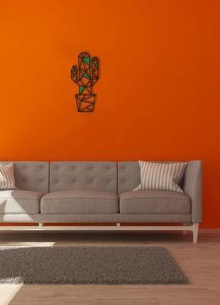 Декоративная деревянная картина абстрактная модульная полигональная панно кактус с вставками4 фото