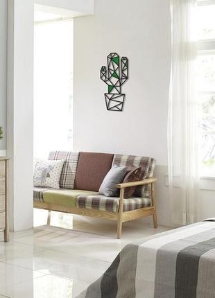 Декоративная деревянная картина абстрактная модульная полигональная панно кактус с вставками5 фото