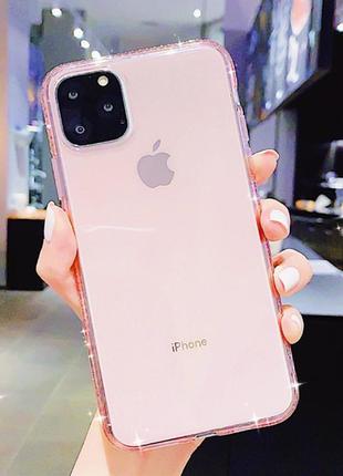 Силиконовый прозрачно-розовый чехол с камнями сваровски для iphone 11pro 5.8дюймов