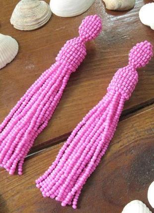 Рожеві сережки пензлики з бісеру5 фото