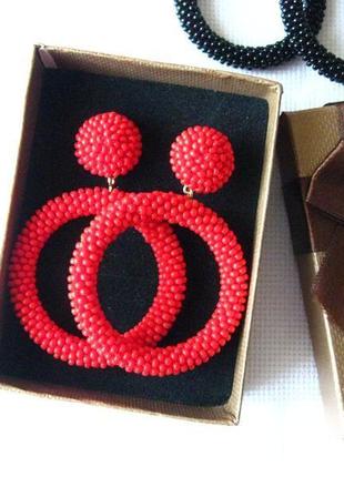 Червоні сережки кільця з бісеру (40 кольорів)2 фото