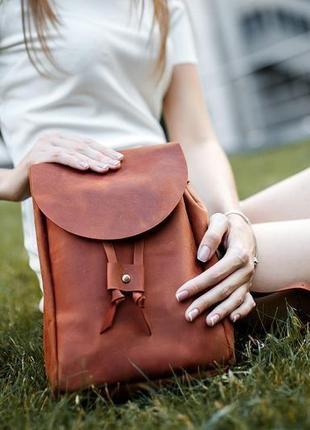 Женский кожаный рюкзак на затяжках с свободным клапаном, винтажная кожа, цвет коньяк