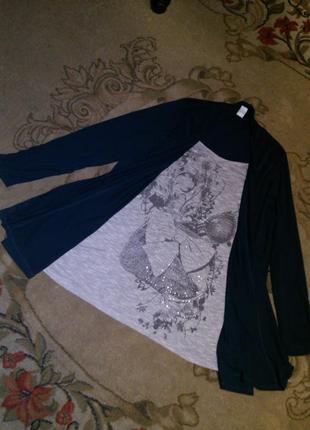 Трикотажная,стрейч,изумрудный кардиган-блузка-обманка с стразами,большого размераm&smode3 фото