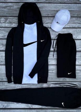 Мужской комплект nike черная кофта, штаны, шорты, футболка и белая кепка1 фото