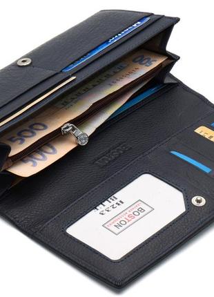 Темно-синій класичний гаманець з фіксацією на кнопку з натуральної шкіри boston b2335 фото