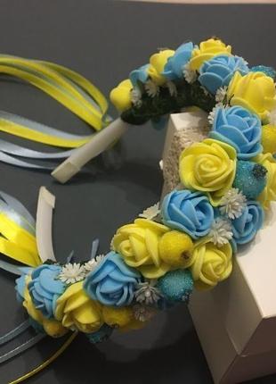 Обруч для волосся з стрічками блакитний, ободок з квітами і стрічками,обруч під вишиванку2 фото