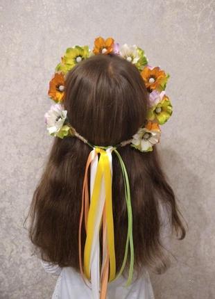 Вінок для волосся з квітами, віночок з стрічками7 фото