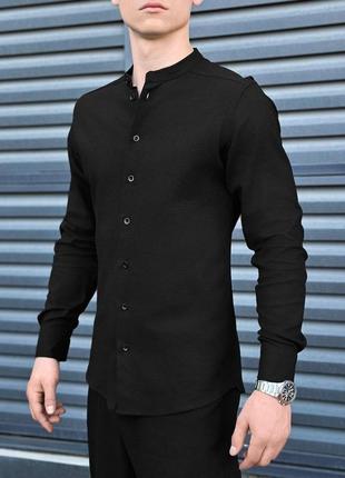 Льняная рубашка мужская летняя с длинным рукавом повседневная orion черная2 фото