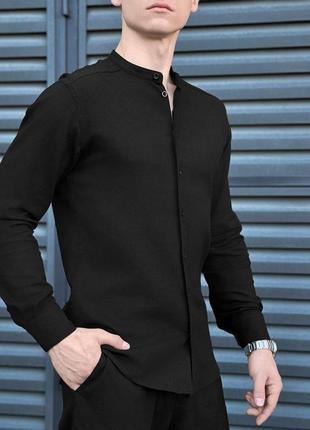 Льняная рубашка мужская летняя с длинным рукавом повседневная orion черная3 фото